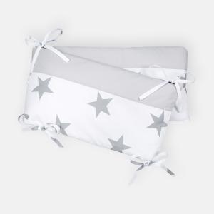 KraftKids Nestchen große graue Sterne auf Weiss und Unigrau Nestchenlänge 60-60-60 cm für Bettgröße 120 x 60 cm