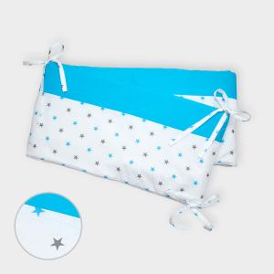 miniFifia Nestchen graue blaue Sterne auf Weiss und Unitürkis Nestchenlänge 60-70-60 cm für Bettgröße 140 x 70 cm